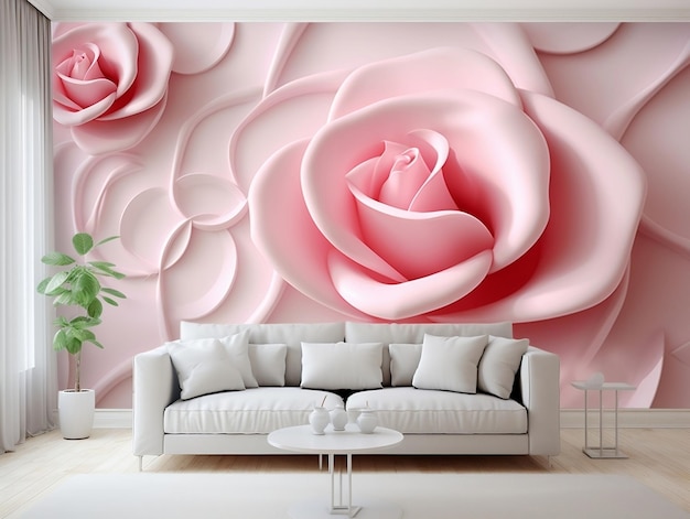 Salotto con quadrati geometrici astratti e murales di fiori rosa