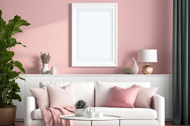 Salotto con un modello di cornice bianca vuota in stile scandinavo su parete rosa