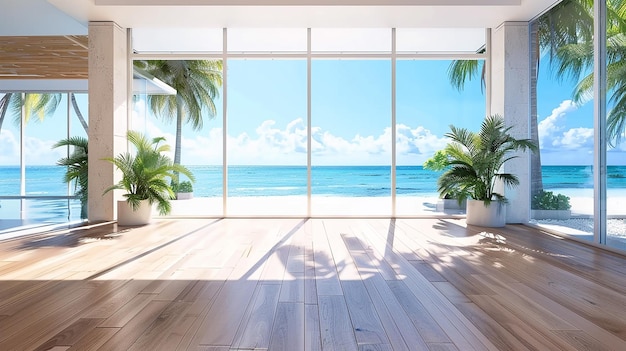 Salotto con vista sul mare con pavimento in legno e finestra bianca vuota