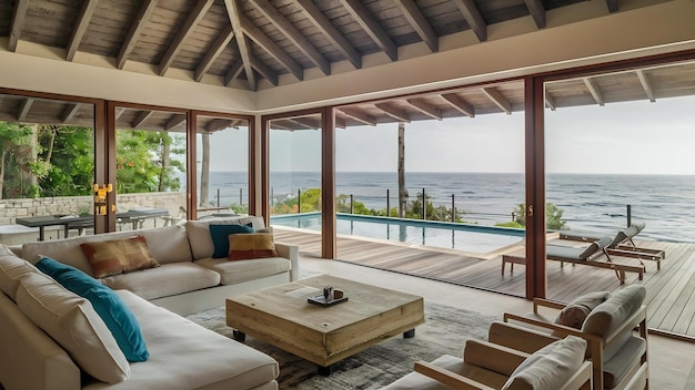 Salotto con vista sul mare di una lussuosa casa estiva sulla spiaggia con piscina e terrazza in legno