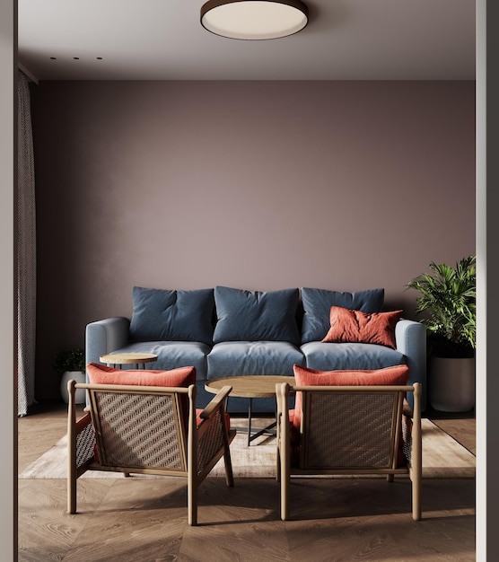 Salotto contemporaneo in stile minimale con sedia rossa parete vernice marrone vuota e rendering 3d parete blu