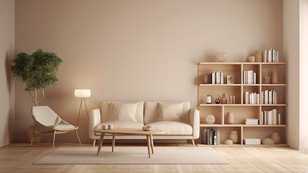 Salotto dal design d'interni minimale con toni beige accoglienti decorati con divano Generative Ai