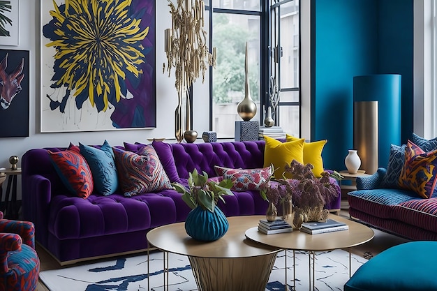 Salotto di lusso in casa con elementi di interior design moderni e tessuti vivaci