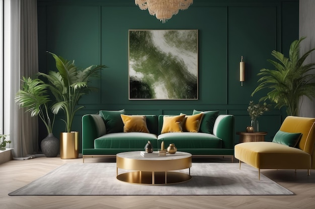 Salotto di lusso in casa con interior design moderno divano di velluto verde tavolo da caffè