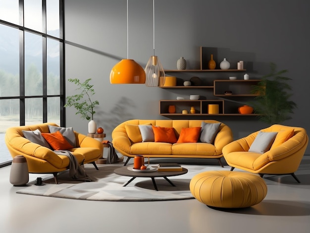 Salotto giallo e grigio con divani e sedie