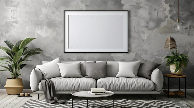 Salotto grigio con un divano e una cornice per le foto sulla parete