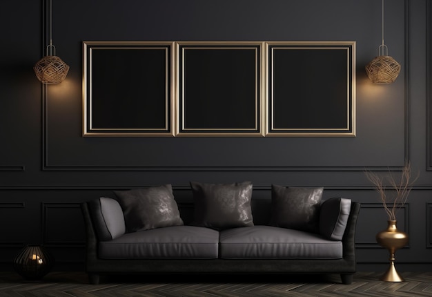 Salotto in stile retrostile di lusso con divano e mockup 3 cornici per immagini sulla parete