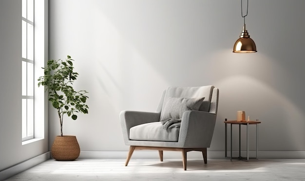 Salotto in stile scandinavo con poltrona in tessuto grigio lampada dorata e piante contro una parete bianca vuota rendering 3D generativa AI