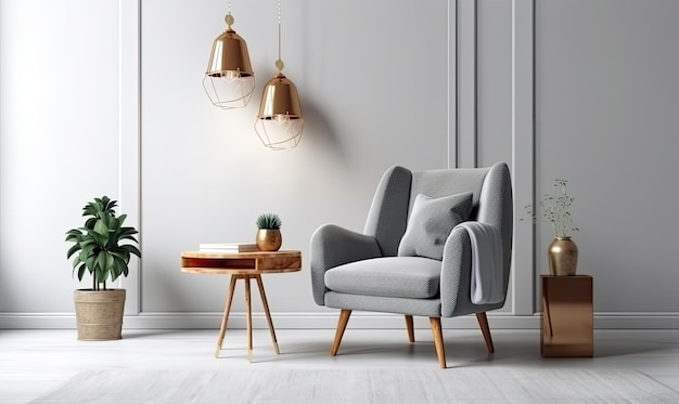 Salotto in stile scandinavo con poltrona in tessuto grigio lampada dorata e piante contro una parete bianca vuota rendering 3D generativa AI