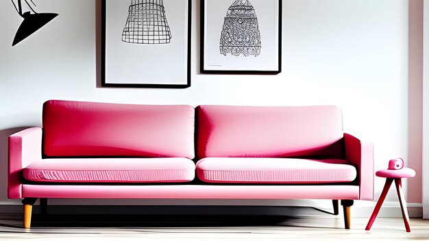 Salotto in stile scandinavo con un divano rosa
