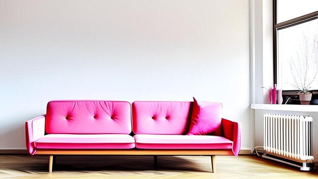 Salotto in stile scandinavo con un divano rosa