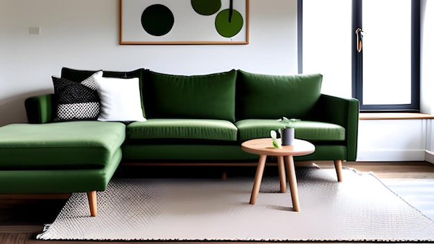Salotto in stile scandinavo con un divano verde