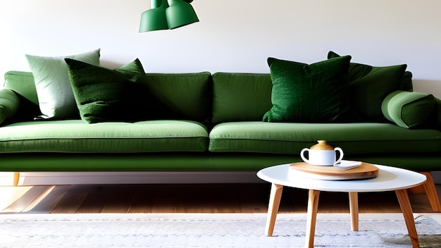 Salotto in stile scandinavo con un divano verde