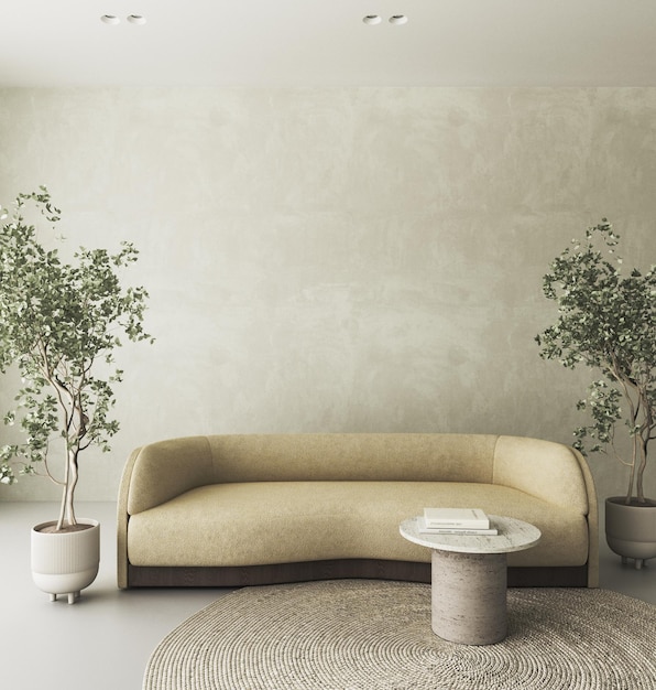 Salotto interno concettuale con parete beige in stucco composizione creativa divano giallo con ta di pietra
