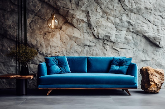 Salotto loft chic con elegante divano di velluto blu, tavolo laterale in legno e parete in pietra texturata