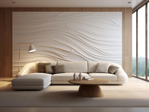 Salotto moderno con divano ad angolo bianco e parete a pannelli ondulati