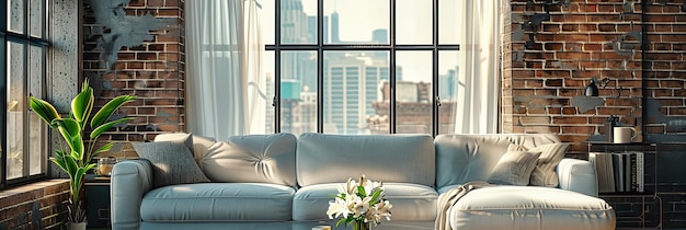 Salotto moderno con elegante divano decorato in stile chic e vista panoramica sulla città per un'esperienza di stile di vita urbano