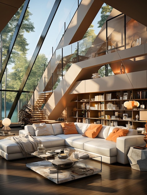 Salotto moderno con mobili ultramoderni e toni chiari Forme geometriche minimalismo uso di vetro e metallo IA generativa