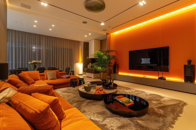 Salotto moderno di lusso prevalentemente di colore arancione