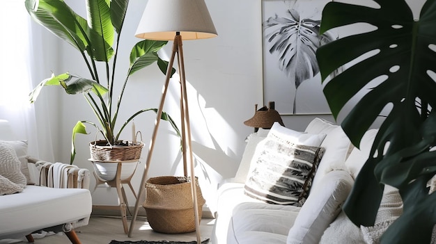 Salotto nordico lampada scandinava e foglie tropicali Generative Ai