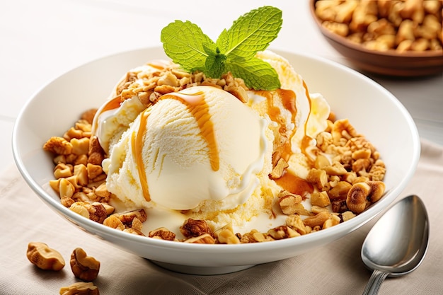 Salsa al caramello e arachidi su un tavolo di legno bianco che accompagna il gelato