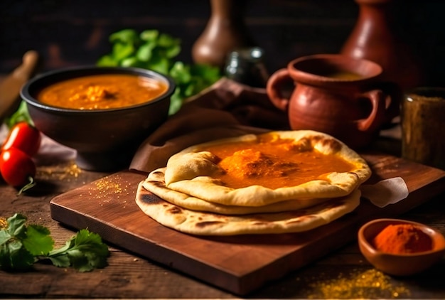 Salsa al curry indiana e focaccia sulla tavola di legno