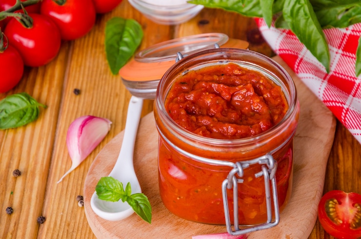 Foto salsa al pomodoro italiana tradizionale con le erbe e l'aglio in un barattolo di vetro