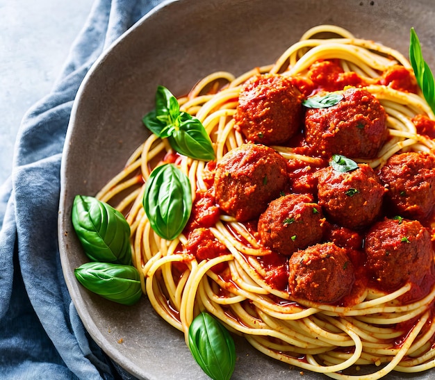 Salsa alla bolognese di pasta italiana sul piatto vista dall'alto spazio per il testo