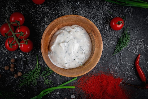 Salsa cremosa in una ciotola di legno su un tavolo di pietra con spezie cipolle verdi e pomodorini Servizio di consegna ristorante fast food