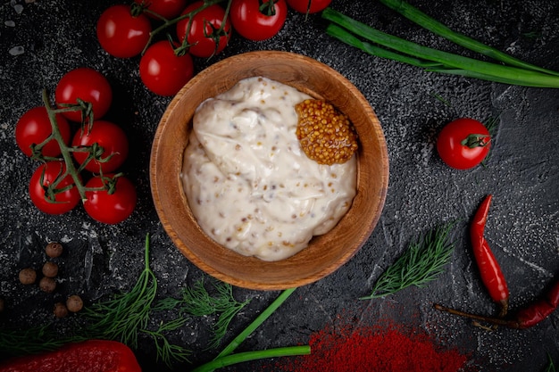 Salsa cremosa in una ciotola di legno su un tavolo di pietra con spezie cipolle verdi e pomodorini Servizio di consegna ristorante fast food