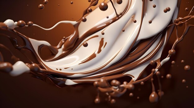 Salsa di cioccolato scuro e flusso di latte con gocce 3d