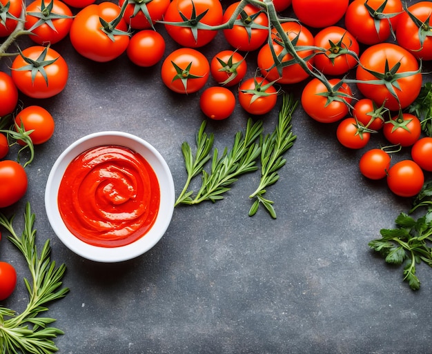 salsa di ketchup di pomodoro e ingredienti su una vista superiore del fondo di legno