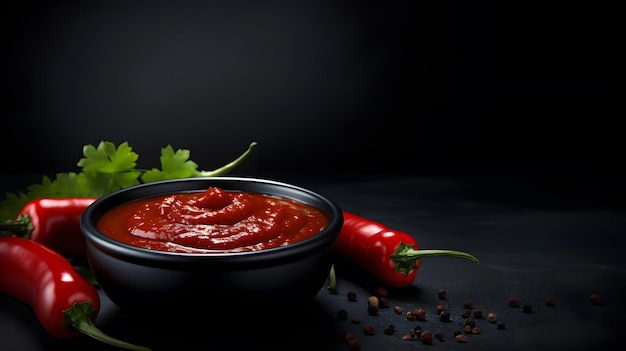 salsa di peperoncino su una piccola ciotola nera isolata su uno sfondo scuro