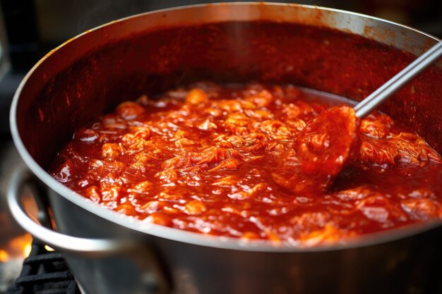 Salsa di pomodoro che bollisce in una pentola in primo piano