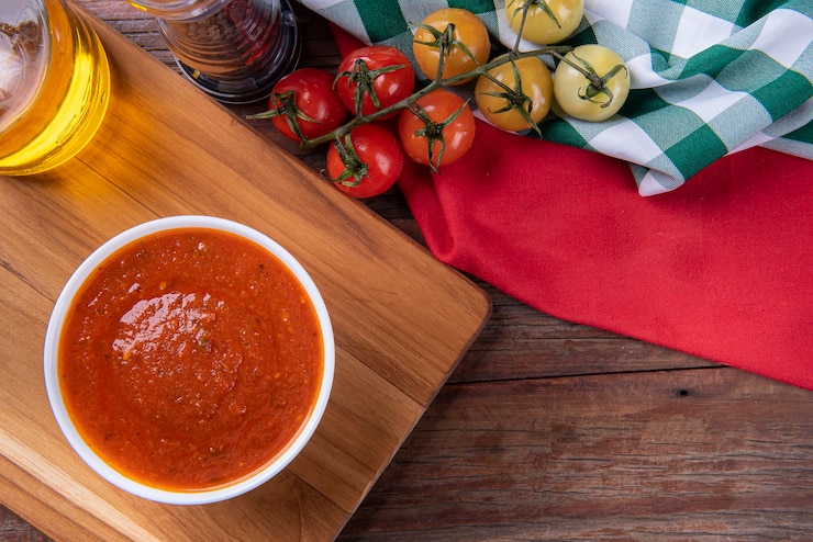 Foto salsa di pomodoro fresca deliziosa in una ciotola bianca. scenario decorato con pomodori. copia spazio. vista in alto