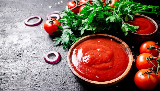 Salsa di pomodoro in un piatto di legno con anelli di cipolla ed erbe aromatiche