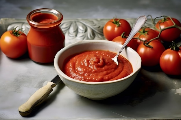 Salsa di pomodoro in una ciotola su uno sfondo grigio