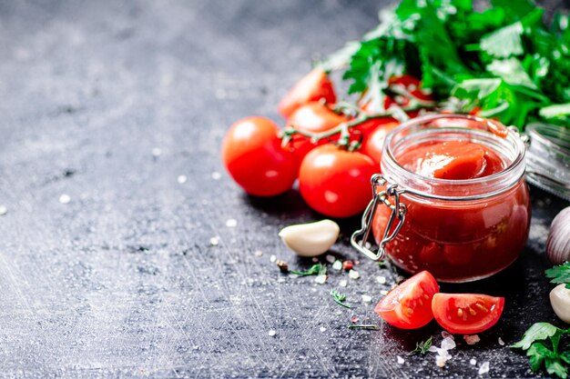 Salsa di pomodoro in vasetto di vetro con prezzemolo e aglio