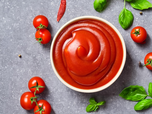 Salsa di pomodoro ketchup in una ciotola con peperoncino basilico e pomodori Ingredienti per cucinare il ketchup