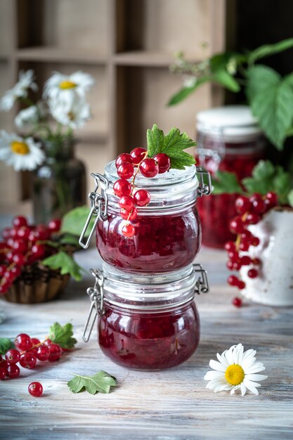 Salsa di ribes o marmellata in due vasetti di vetro