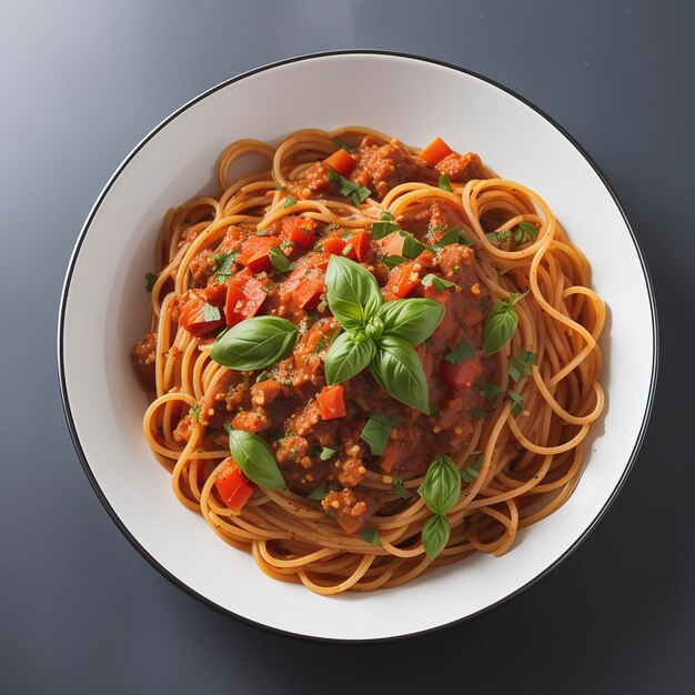 Salsa di spaghetti con pasta, foglie di basilico, aglio e pomodori freschi con una profondità di campo estremamente bassa