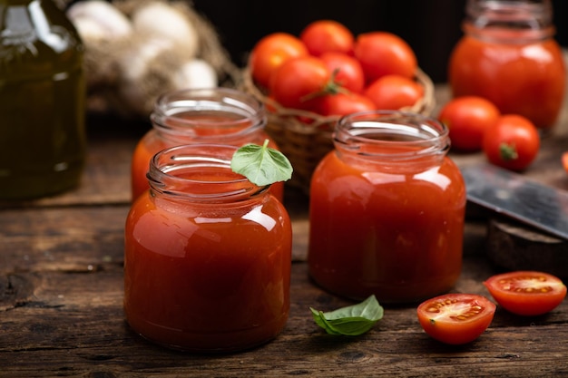 Salsa e succo di pomodoro fresco su un fondo di legno