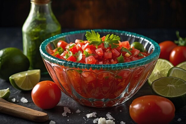 Salsa Fresca in ciotola di vetro con ingredienti