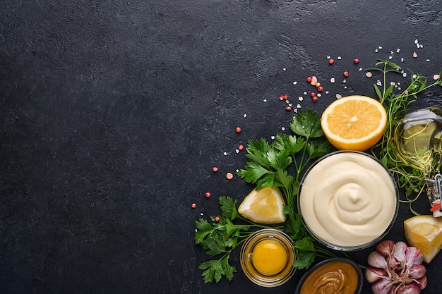 Salsa maionese fatta in casa e ingredienti limone, uova, olio d'oliva, spezie ed erbe aromatiche, spazio copia sfondo nero. Sfondo di cottura del cibo. Vista dall'alto.