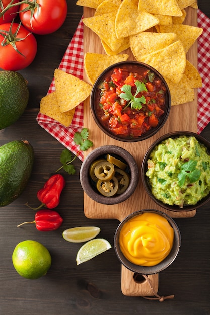 Salsa messicana di guacamole e salsa con nachos