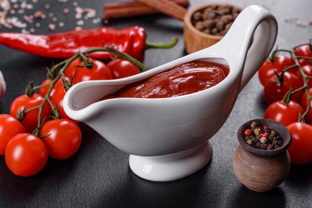 Salsa rossa o ketchup in una ciotola e ingredienti per cucinare