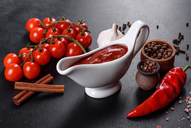 Salsa rossa o ketchup in una ciotola e ingredienti per cucinare