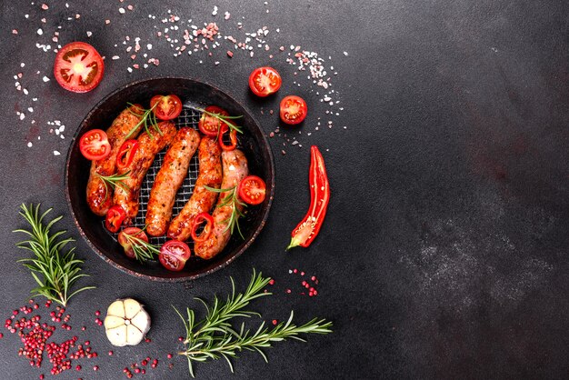 Salsicce alla griglia con verdure e spezie su fondo nero