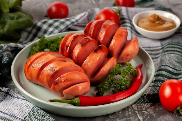 Salsicce alla griglia con verdure fresche su un vassoio