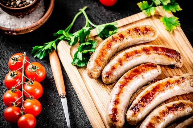 Salsicce alla griglia su un tagliere di legno con prezzemolo e pomodori